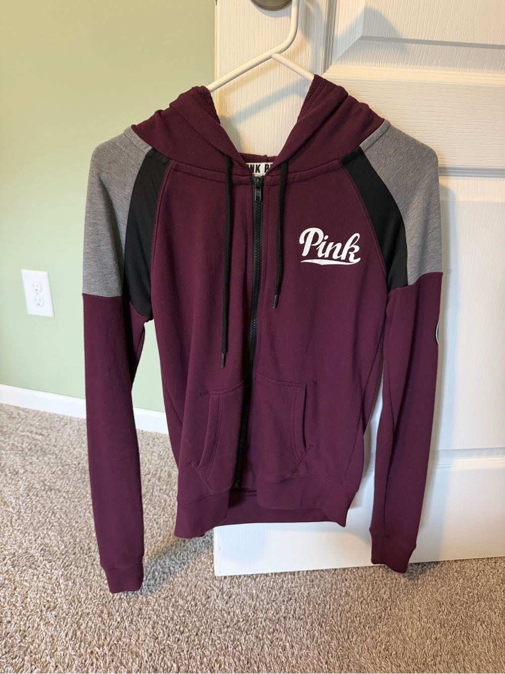 Victoria's Secret PINK Maroon Zip-Up Hoodie with Gray & Black Accents
